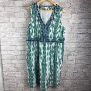 J Jill Green White Ikat Print‎ Embroidered Sleeveless Dress Cotton Pockets 1X